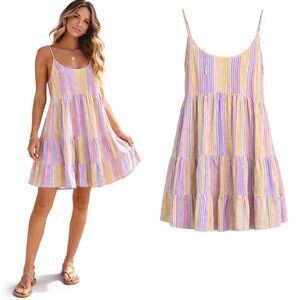 Layla | Rainbow Stripe Tiered Babydoll Tank Dress | Rayon | Size L